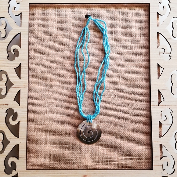 Blue Beaded Abalone Shell  Modern Abstract Necklace - Picture 4 of 4